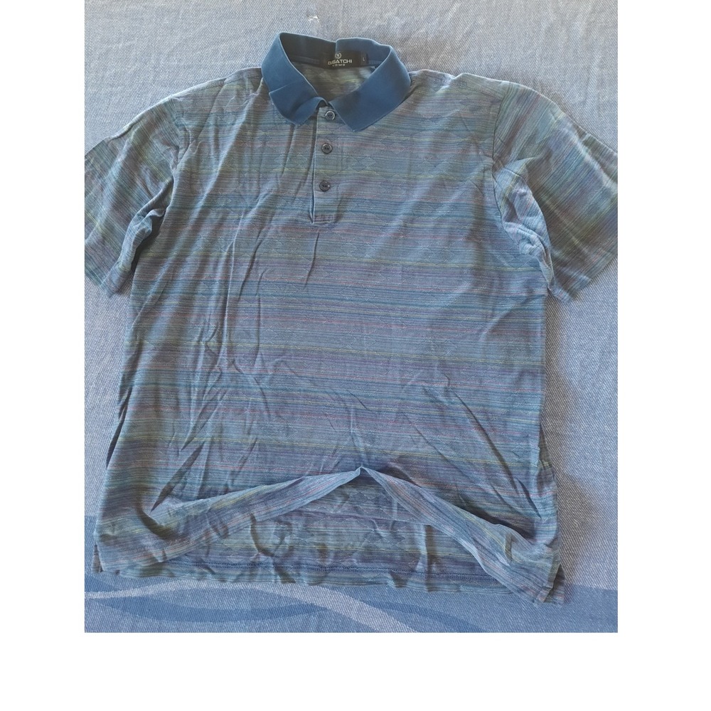 Bugatchi Uomo Men Large Polo Shirt Blue Striped Mercerized Egyptian Cotton L SEE